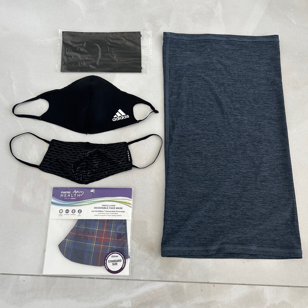 5 Face Masks New Martex Health, Adidas, Koral by Llana Kugel, Long Neck Gaiter +